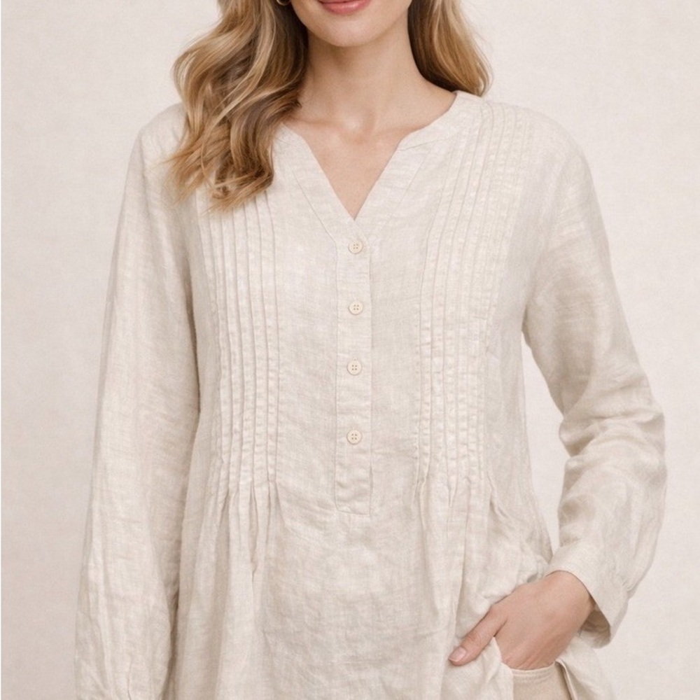 Coldwater Creek Cream Flax, Pintuck Linen Tunic Small NWOT, Beautiful